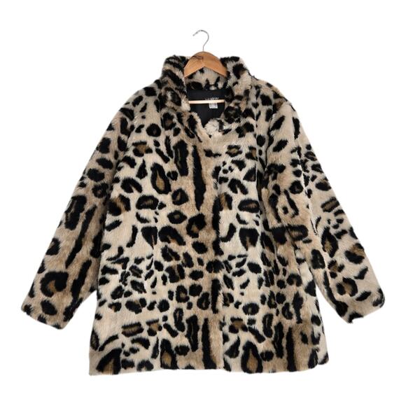 Venus Leopard Faux Fur Teddy Jacket 2X Animal Print Long Sleeve Pockets Lined - Picture 1 of 15